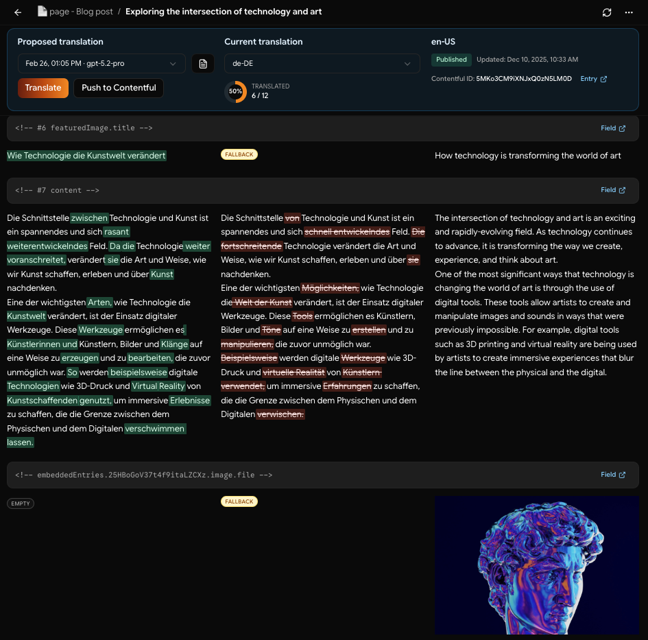 Inverb diff tool showing proposed translation, current translation, and source text side by side.